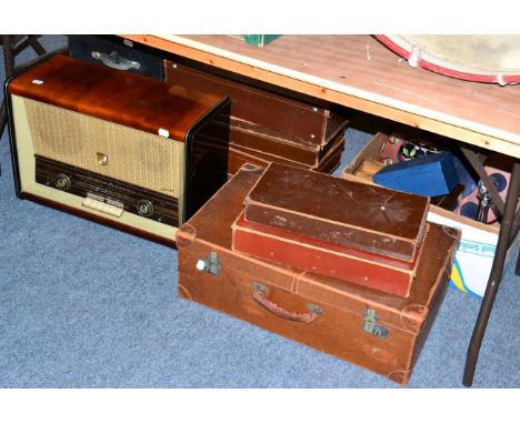 A vintage Philips radio, a group of nine various leather and synthetic leather cases, suitcases and briefcases; decanter, gla