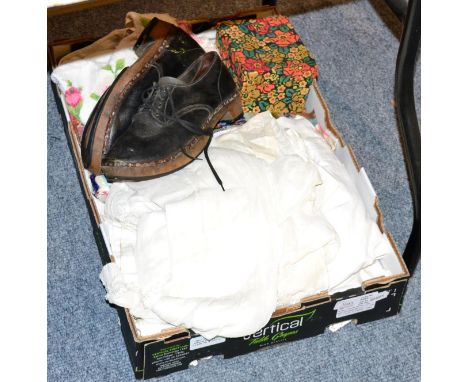 A box of assorted textiles, clogs etc 