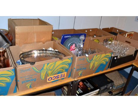 A quantity of glass, brass, plated ware, books, playing cards, pottery, jam pan, oil lamp, bread crock, etc (qty)