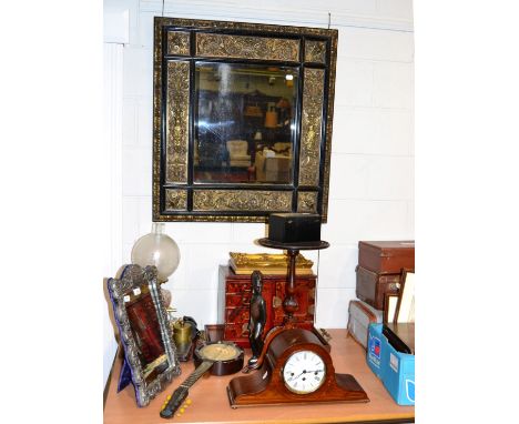 Lacquered cabinet, a tray, white metal easel mirror, mantel clock, oil lamp, etc