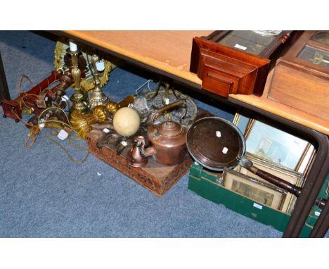 An Edwardian gilt metal and glass bead ceiling light, a pair of painted wooden table lamps, three further table lamps, copper