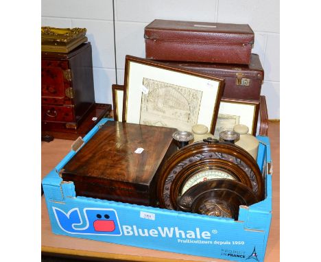 A 19th century mahogany embroidery box, a pair of plated candlesticks, three trunks, two hot water bottles, a barometer, two 
