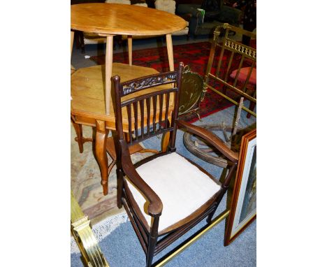 An oak occasional table, brass fire screen, wagon wheel form light fitting and an occasional chair (4)