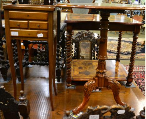 A walnut games table on tripod base and a bedside table with four drawers 