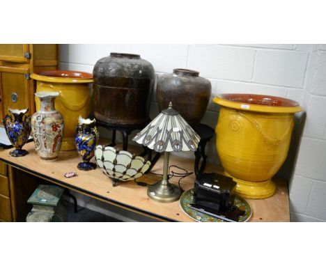 A Tiffany style lamp with leaded shade; together with another shade; a Japanese Satsuma vase; a pair of late Victorian vases;