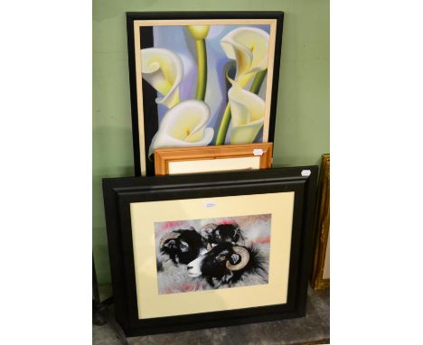 Peter Barley, lilies, oil on canvas, two prints and a framed Kelbrook ceramic panel 