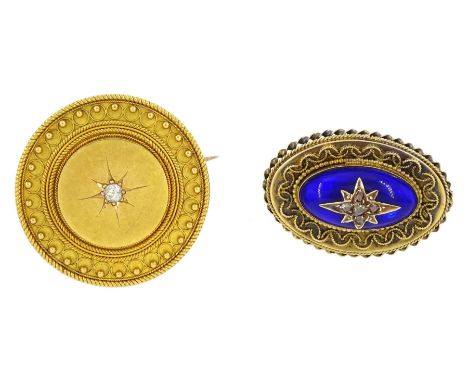 Victorian gold single stone old cut diamond circular brooch, with wirework bead decoration and glazed reverse and one other V