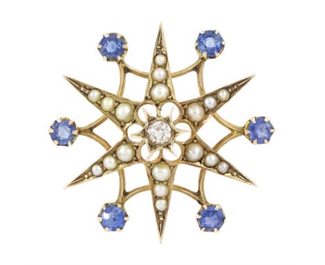 Early 20th century 9ct gold cut diamond, seed pearl and round cut sapphire star broochCondition Report:Approx 3.1.gm, tested 