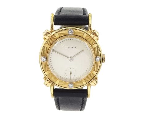 Longines 14ct gold manual wind diamond set wristwatch, circa 1950's, Cal. 22L, serial No. 7632527, silvered dial with subsidi