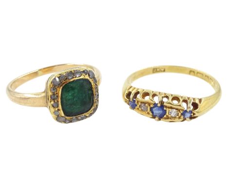 19th century 15ct gold cushion cut green stone and diamond ring and an Edwardian 18ct gold five stone sapphire and diamond ri