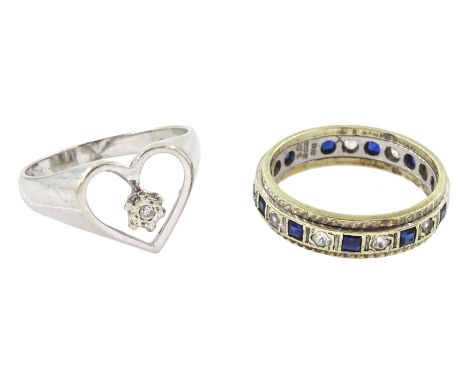 9ct white gold single stone diamond heart ring and a 9ct gold calibre cut sapphire and round cut white topaz full eternity ri