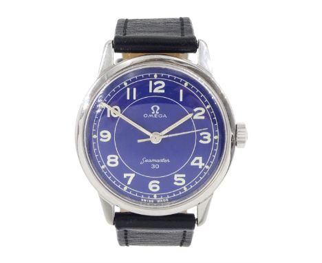 Omega Seamaster 30 gentleman's stainless steel manual wind wristwatch, Ref. 135.007-64, Cal. 286, blue dial with Arabic numer