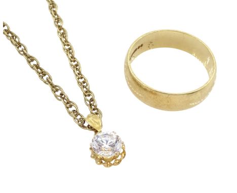 9ct gold single stone cubic zirconia pendant necklace and a 9ct gold wedding band, hallmarkedCondition Report:Non stone set a
