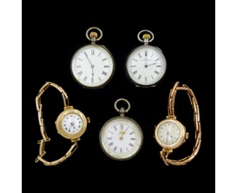 Two early 20th century 9ct gold manual wind wristwatches, hallmarked, on 9ct gold expanding straps and three silver fob watch