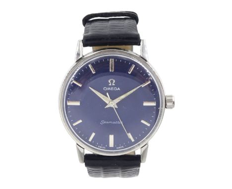 Omega Seamaster gentleman's manual wind wristwatch, Ref. 136.011 Cal. 601, blue dial with baton hour markers, on black leathe