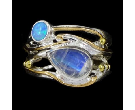 Silver and 14ct gold wire moonstone and opal ring, stamped 925Condition Report:Size P-Q, max depth = 12.5mm, good condition