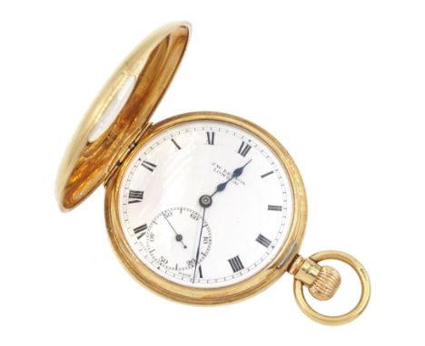 Early 20th century 9ct gold half hunter lever pocket watch, white enamel dial, with Roman numerals, signed J.W.Benson, London