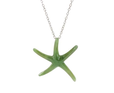 Tiffany & Co silver jade Starfish pendant by Elsa Peretti, on Tiffany 18ct white gold trace link chain necklace, hallmarked, 