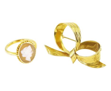 9ct gold bow brooch, London import mark 1966 and a 10ct gold cameo ringCondition Report:Brooch approx 3.85gm, back pin also 9