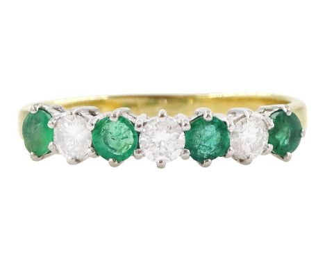 18ct gold round brilliant cut diamond and round cut emerald half eternity ring, stamped, total diamond weight approx 0.40 car