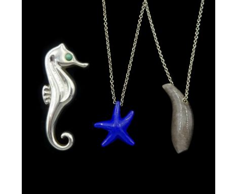 Tiffany & Co silver jewellery including jade Fish pendant by Frank Gehry, lapis lazuli Starfish pendant by Elsa Peretti, both