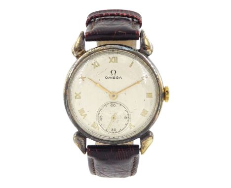 Omega 14K gold filled gentleman's manual wind wristwatch, silvered dial with Roman numerals and subsidiary seconds dial, case