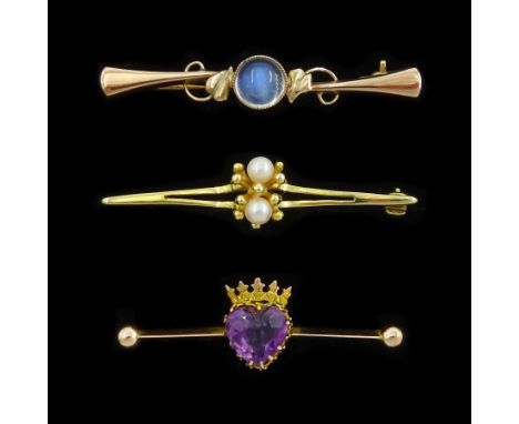 Victorian gold amethyst heart and crown brooch, gold moonstone brooch and a later pearl brooch, all 9ctCondition Report:Appro
