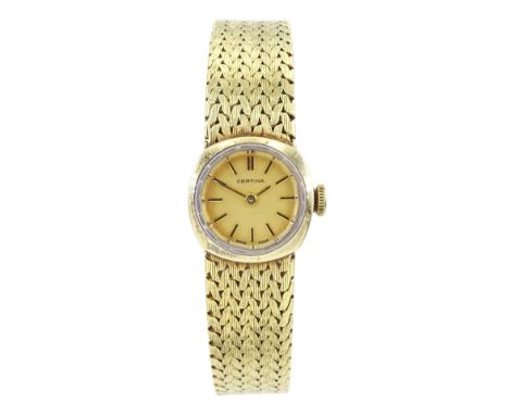 Certina ladies 14ct gold manual wind wristwatch, champagne dial with baton hour markers, on integral 14ct gold braceletCondit