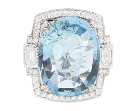 18ct white gold oval aquamarine, milgrain set round brilliant cut diamond and baguette cut diamond ring, with diamond set sho