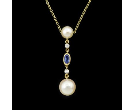 14ct gold pearl, diamond and sapphire pendant necklace, two cultured pink / white pearls set between two round cut diamonds a