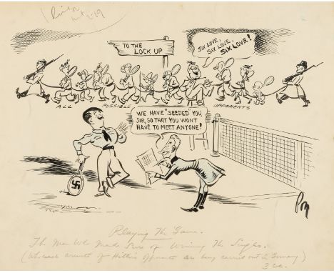 Nazi Germany.- [Fearon (Percy Hutton)] "Poy". "Playing the Game", pen and ink cartoon with some blue pencil shading, pencil c