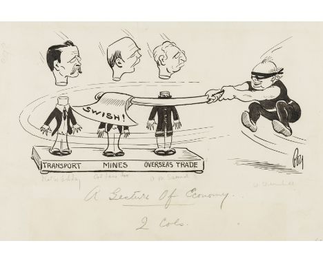 δ Churchill.- Fearon (Percy Hutton) "Poy". A Gesture of Economy, pen and ink cartoon, pencil caption beneath, Churchill as ex