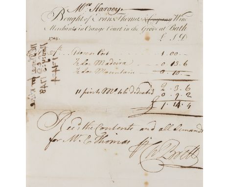 Wine trade.- Manuscript bill for Port, Madeira and Mountain from Evans &amp; Thomas, wine merchants, Bath, engraved heading, 
