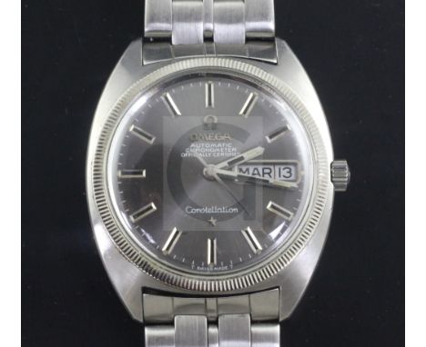 A gentleman's early 1970's stainless steel Omega Constellation automatic wrist watch, the steel grey dial with baton numerals