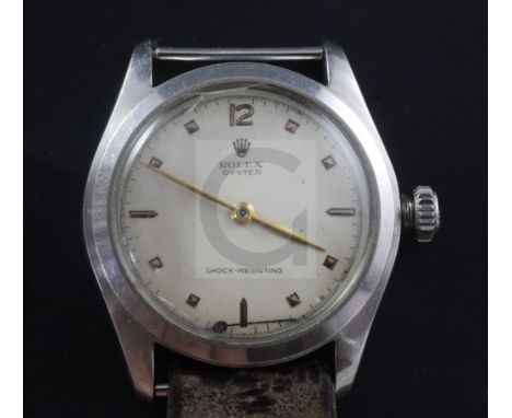 A gentleman's 1950's stainless steel Rolex Oyster manual wind wrist watch, with Arabic, pyramid and baton numerals, model no.