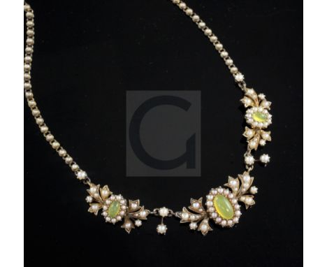 A cased Victorian gold, split pearl and cabochon yellow/green chalcedony? set necklace, lacking pendant drop, in Goldsmiths &