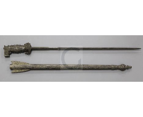 A Balkan niello and white metal-mounted stiletto and scabbard, 19th century, Boka Kotorska or Montenegro, having cast and cha