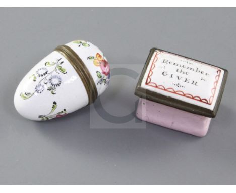 A late 18th century English enamel egg shaped nutmeg box and a small patch box, inscribed 'Remember the Fiver', 2in. and 1.5i