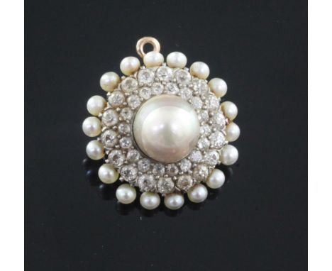 A late 19th/early 20th century American Theodore. B. Starr gold, cultured pearl and diamond set circular pendant brooch, sign