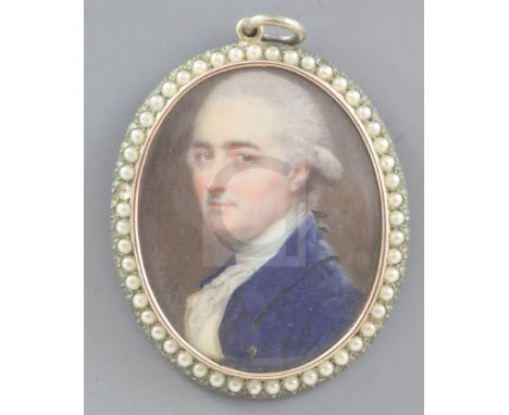 John Smart (1742-1811)oil on ivoryMiniature portrait of a gentleman wearing a blue coat,Initialled and dated 1786,1.75 x 1.25