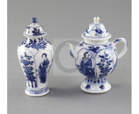 A Chinese blue and white vase and cover and a similar wine pot and cover, Kangxi period, each painted with Long Eliza figures