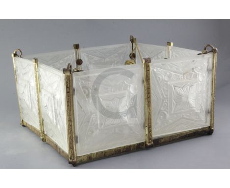An Art Deco frosted glass light fitting, in the manner of Sabino, of square form, the base plate and eight side plates within