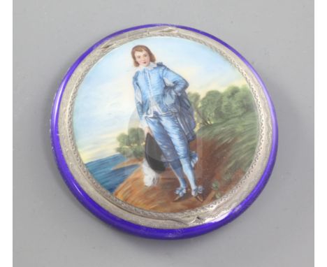 An early 20th century continental silver and enamel compact, the lid decorated with Gainsborough's "Blue Boy", import marks, 