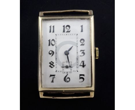 A gentleman's 1930's 9ct gold Rolex manual wind wrist watch, with large curved rectangular Arabic dial and subsidiary seconds