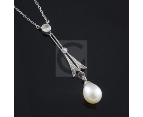 A 1920's platinum, diamond and cultured pearl drop pendant on a platinum fine link chain, pendant 4cm.