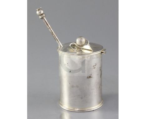 A modern Theo Fennell silver marmalade preserve pot and hinged cover with spoon, of cylindrical form, with clear glass liner,