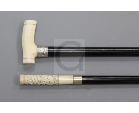 An ebonised cane, with a Chinese relief carved ivory handle, inset with portrait, 39.5in., and an ebonised walking stick with