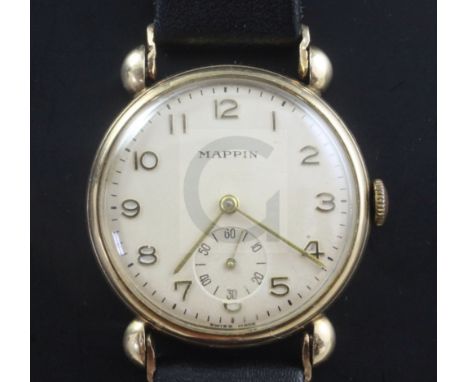 A gentleman's 1950's 9ct gold manual wind wrist watch, retailed by Mappin, with Arabic dial and subsidiary seconds, on later 