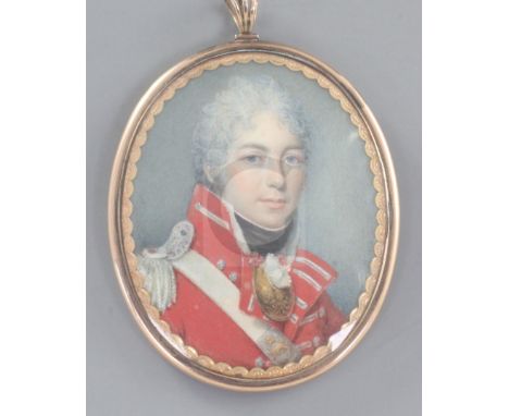 Attributed to Thomas Marshall (1788-1874)oil on ivoryMiniature portrait of an Officer of the 76th Regiment of Footindistinctl