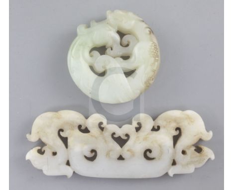 Two Chinese archaistic jade plaques, the first of greyish-white stone carved as two chilong, 11cm the second of pale celadon 